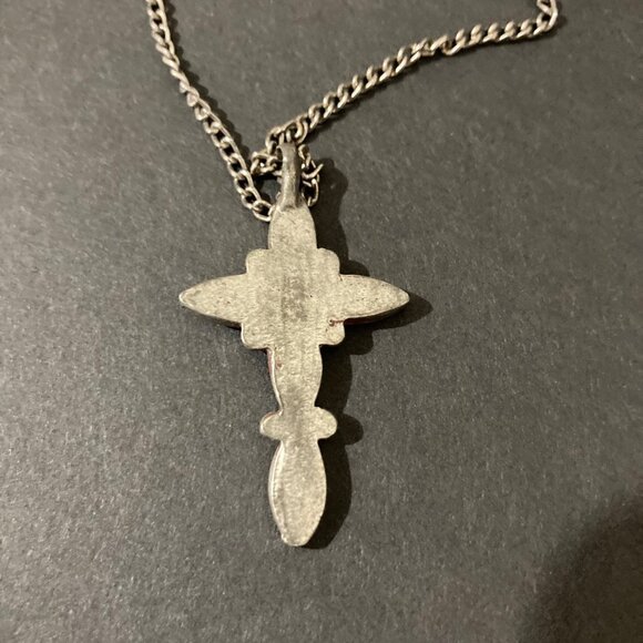 Turquoise Inlay Silver Tone Cross Pendant Necklace - Picture 5 of 6